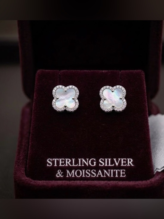 Ray’s Gems Jewelry - 925 Silver 10MM Mother-of-Pearl & Moissanite Clover Push Back Stud Earrings